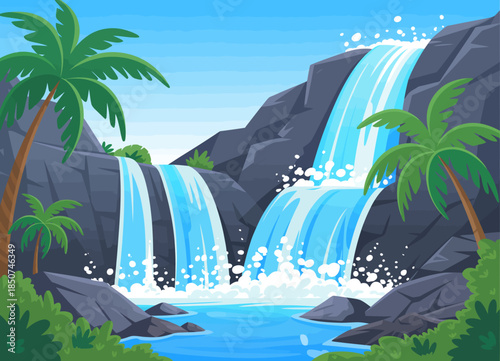 This serene waterfall image captures the beauty of nature with cascading water, vibrant greenery, and tranquil surroundings, creating a peaceful and inviting atmosphere.