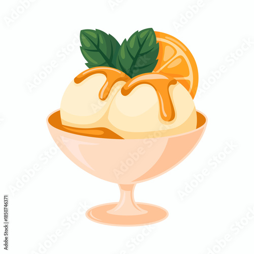 A delightful ice cream sundae in a peach bowl topped with caramel and garnished with fresh mint leaves and an orange slice, ideal for dessert menus and culinary branding.