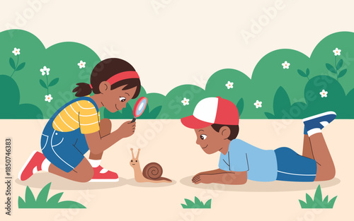 Two children curiously observe a snail on the ground, illustrating the wonder of nature and the excitement of exploration in the outdoors.