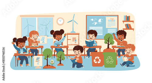 Children Learning Environmental Sustainability in a Classroom with Solar Panels, Wind Turbines, and Recycling