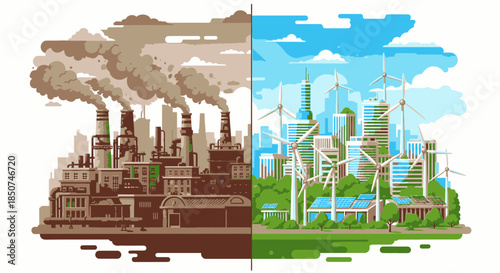 Comparison of Polluting Industrial City and Clean Sustainable Green City with Wind Turbines