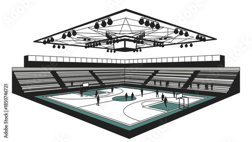Isometric View of an Indoor Basketball Court in a Sports Arena with Players and Spectators