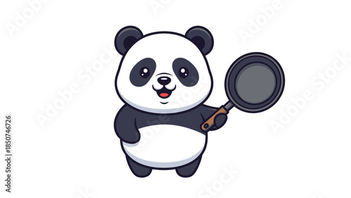 Cute Cartoon Panda Bear Character Happily Holding a Frying Pan
