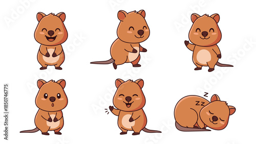 Set of Six Cute Cartoon Quokka Characters with Various Poses and Happy Expressions