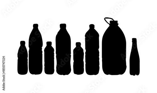 Assortment of different-sized plastic bottles in a row in black silhouette, commonly used for beverages and liquids on an isolated white background.
