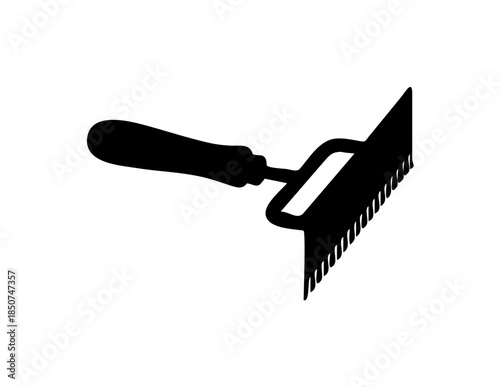 Essential garden rake tool with handle and tines in black silhouette, used for landscaping and yard work on an isolated white background.