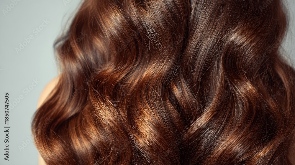 Fototapeta premium Ong brown hair with beautifully styled wavy curls, shiny healthy texture, and professional hair coloring and hairdressing treatment, showcasing elegant hair extensions and glossy hairstyle details
