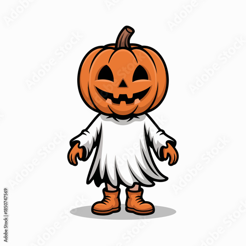 A whimsical Halloween character featuring a pumpkin head and ghostly attire, creatively blending humor and spookiness, perfect for festive decoration and seasonal art.