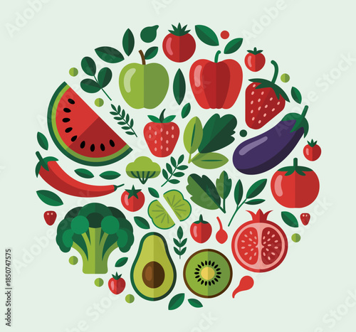 A vibrant circular arrangement of assorted fruits and vegetables showcases the beauty of healthy eating, promoting nutrition and colorful culinary creativity.