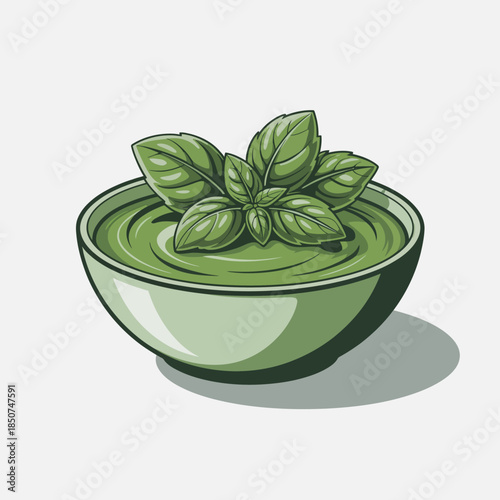 This vibrant illustration of a bowl of fresh basil pesto showcases culinary art, inviting viewers to explore the flavors and colors of this popular Italian sauce.