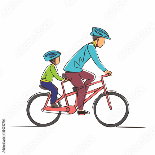 Family cycling in continuous line art drawing style. Father with his little son riding bicycles together.