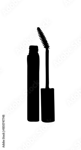 Mascara tube and brush wand for enhancing eyelashes, beauty makeup product on isolated white background.