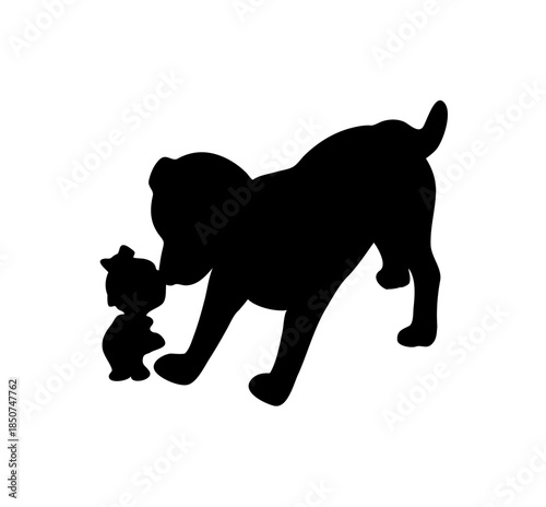 Happy domestic dog playing with a small toy, cheerful pet on isolated white background.