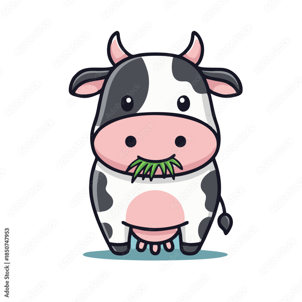 Fototapeta premium Cute Cow Illustration Eating Grass, Kawaii Dairy Cattle Character Vector Art