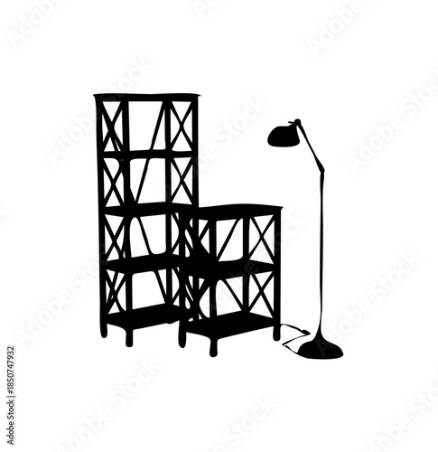 Modern bookshelves and floor lamp combination on isolated white background.