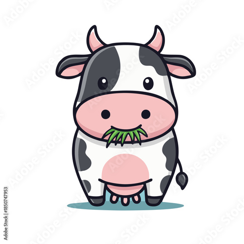 Cute Cow Illustration Eating Grass, Kawaii Dairy Cattle Character Vector Art