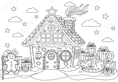 Intricate Winter Holiday Gingerbread House Wonderland Coloring Book Page for Festive Creativity and Relaxing Artistic Fun - A Delightful Scene Awaiting Vibrant Hues