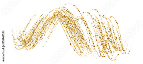 Dynamic golden waves with small particles. Abstract flow elegant golden curved dashed gradient, dotted fluid line gold background, luxury design texture. Vector illustration