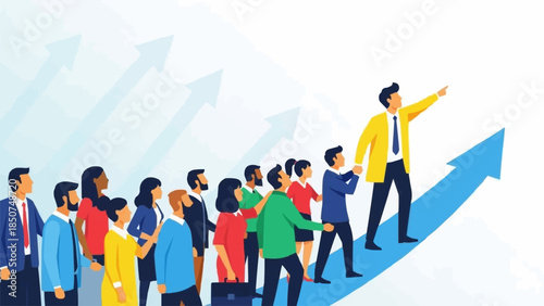 Diverse group of people following a leader up an upward trending arrow.