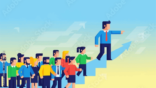 Business leader guiding team up upward arrow stairs towards success.