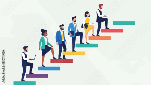 Diverse group of professionals climbing stairs symbolizing career growth and success.