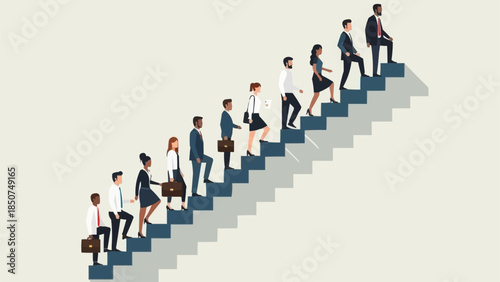 Diverse group of professionals ascending stairs symbolizing career growth and success.