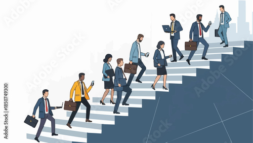 Diverse group of professionals ascending stairs symbolizing career growth and success.