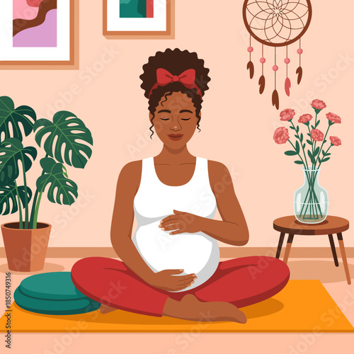 The serene image depicts a pregnant woman peacefully meditating while cradling her belly, highlighting the importance of mindfulness and tranquility during motherhood.