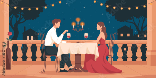 A charming illustration of a romantic dinner for two under a starry night, featuring candlelight, wine glasses, and an intimate atmosphere that signifies romance and connection.