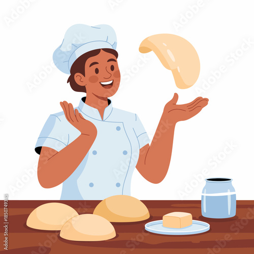 A happy chef skillfully tossing a piece of dough in a bright kitchen, surrounded by fresh bread, showcasing the joy and art of cooking and baking delicious food.