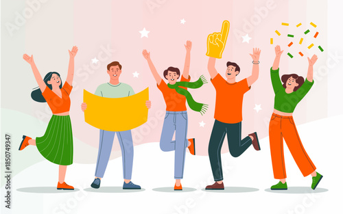 A vibrant group of friends joyfully celebrating, raising their hands in excitement, showcasing camaraderie, positivity, and the thrill of togetherness in a lively atmosphere.
