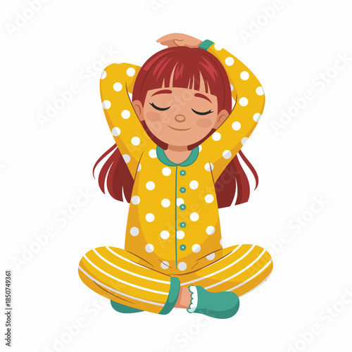 A cheerful girl in polka dot pajamas stretching with a joyful expression, portraying the essence of comfort, relaxation, and carefree childhood moments in a playful atmosphere.
