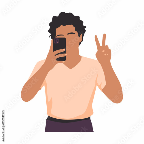 A cheerful individual taking a selfie while flashing a peace sign, capturing a moment of joy, self-expression, and modern social interaction through mobile technology.