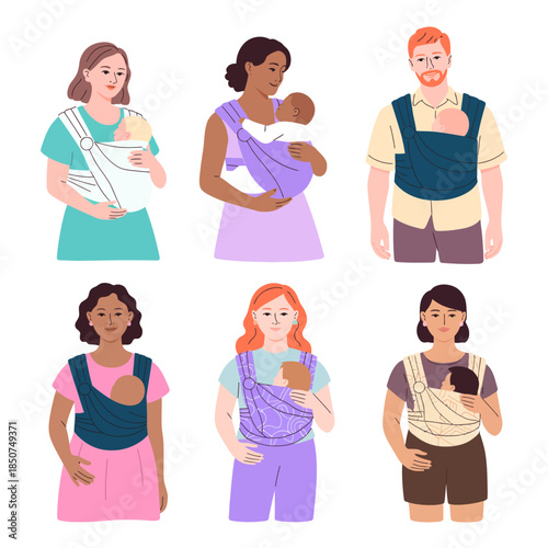 An illustration depicting diverse mothers carrying their babies in slings, celebrating the unique connection and bond shared between them in a colorful and heartwarming design.