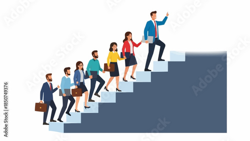 Diverse group of professionals climbing stairs together towards success.