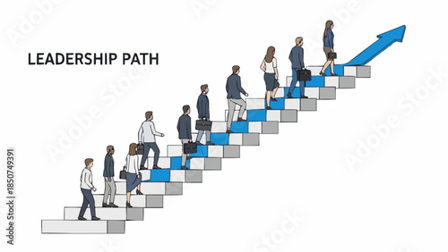 People climbing stairs representing leadership path growth and career advancement.