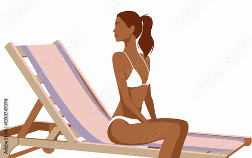 A woman enjoying her time on a sun lounger, dressed in a stylish bikini, embodies relaxation and leisure, bringing the essence of summer and carefree days to life.
