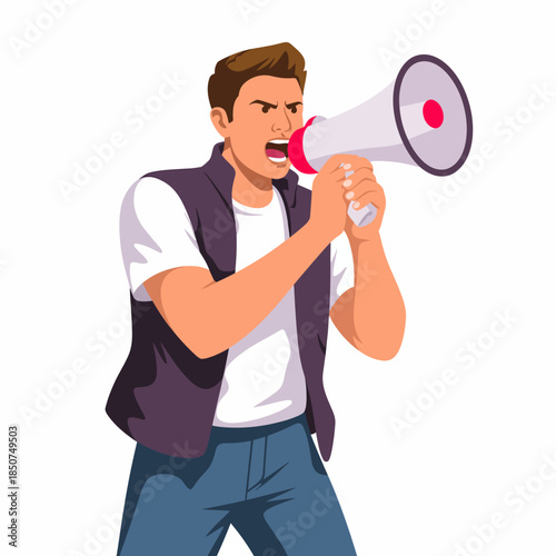 An expressive scene featuring a man shouting into a megaphone, symbolizing activism, the power of voice, and the call to action in sociopolitical contexts.