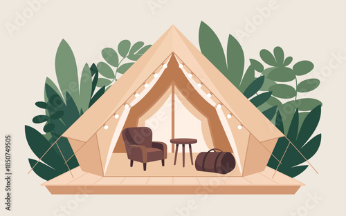 A beautifully designed glamping tent featuring cozy seating, ambient lights, and surrounded by lush greenery, creating a perfect outdoor retreat experience.