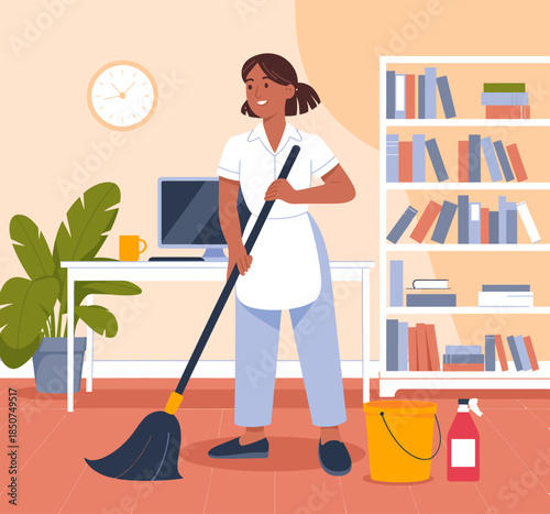 This cheerful illustration depicts a happy cleaner mopping a bright room filled with books and plants, reflecting positivity and the importance of cleanliness in a vibrant work setting.
