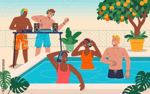 Energetic illustration depicting a vibrant pool party scene with friends enjoying music and fun. The DJ and swimmers highlight a lively and carefree summer vibe.