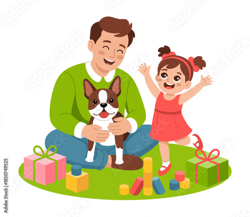A joyful scene of a father and his daughter celebrating a birthday at home, surrounded by colorful gifts, toys, and a happy puppy, emphasizing family bonds and happiness.