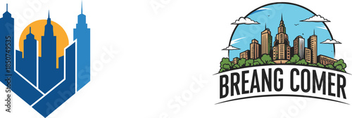 City icons, urban skyline design, geometric building illustration, black outline, architecture symbol, real estate branding, metro concept, civic badge