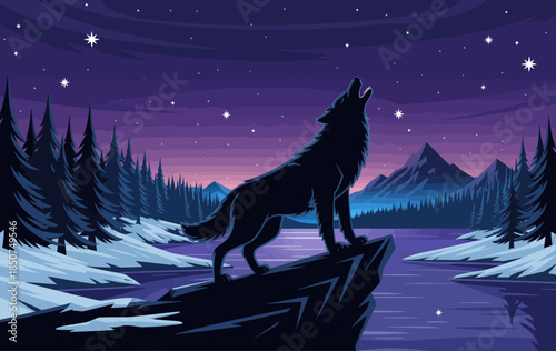 A breathtaking scene of a wolf howling on a rock under a starlit sky, expressing themes of nature, wilderness, and solitude in a beautifully stylized manner.