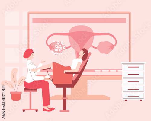 A female doctor conducting a gynecological exam on a patient in a medical chair, with a large screen showing a uterus and polycystic ovary (PCOS). 