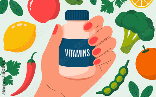 A hand holds a vitamins bottle surrounded by vibrant fruits and vegetables, illustrating a theme of health and wellness through nutrition and supplementation in a modern style.