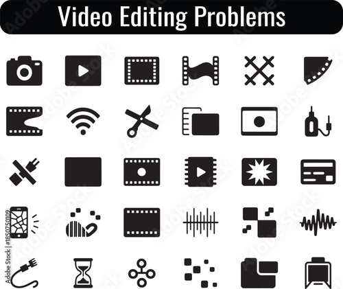 Video Editing Problems Icons Set – Post Production Error and Issue Symbols