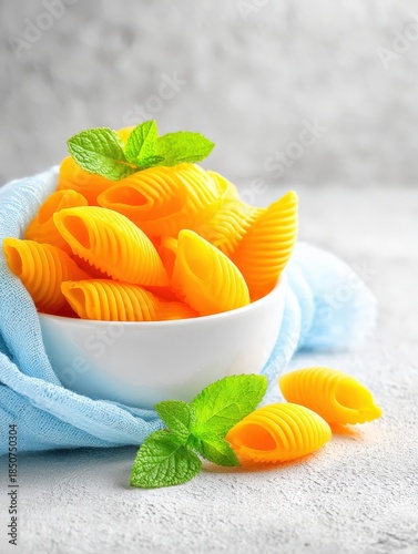 Bowl of conchiglie pasta on a grey surface, garnished with fresh green mint.