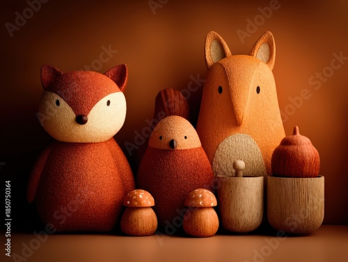 A collection of warm-toned wooden toy animals and mushroom figures on brown.