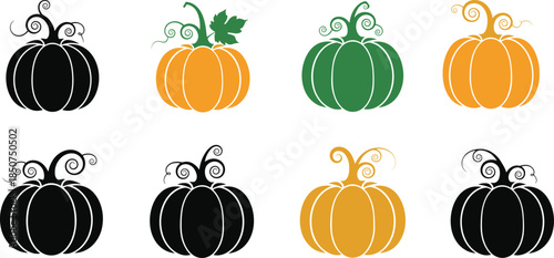 Black, Orange, and Green Isolated Fall Harvest Decorations with Curly Vines and Leaves Vector Collection
